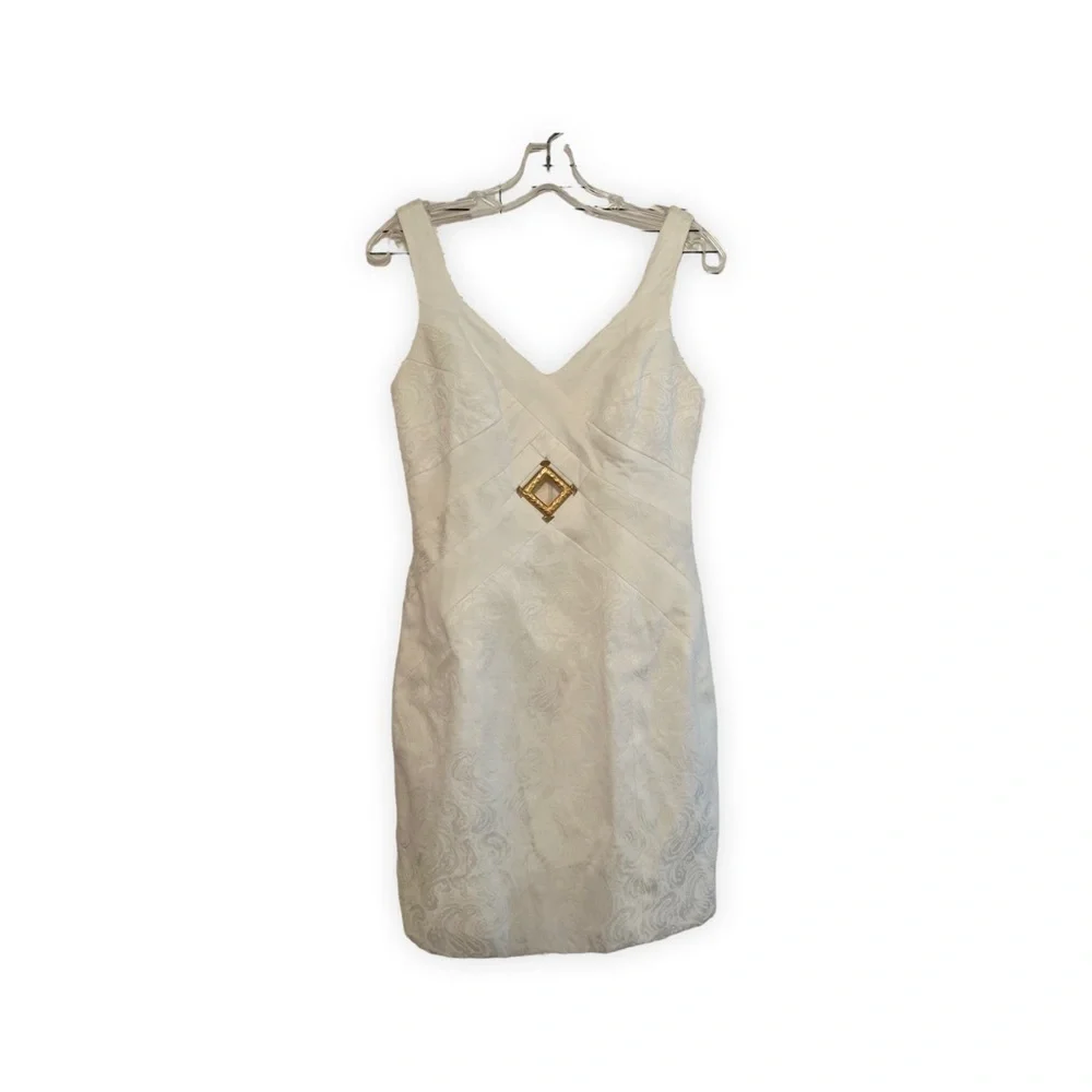 Vintage 90s Dress Sheath Linda Segal Cream Jaquard Matte Gold Keyhole Bust 4-6 - Picture 2 of 7